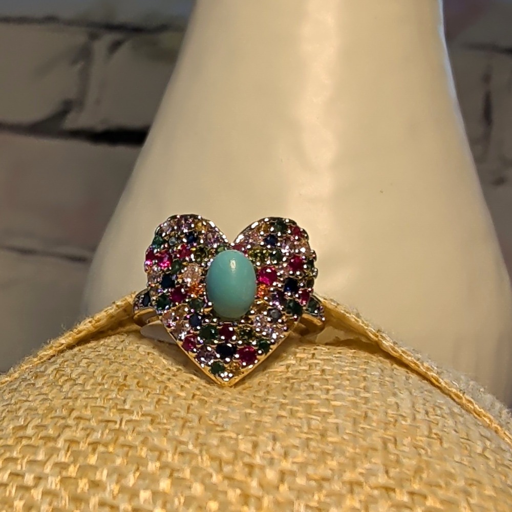 Park Lane: Ring Size 8 Gold Tone Heart Blue Oval Stone Multicolor Rhinestones